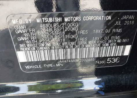 2019 Mitsubishi Eclipse Cross Le z USA, uszkodzony, nr VIN JA4AT4AA8KZ002985